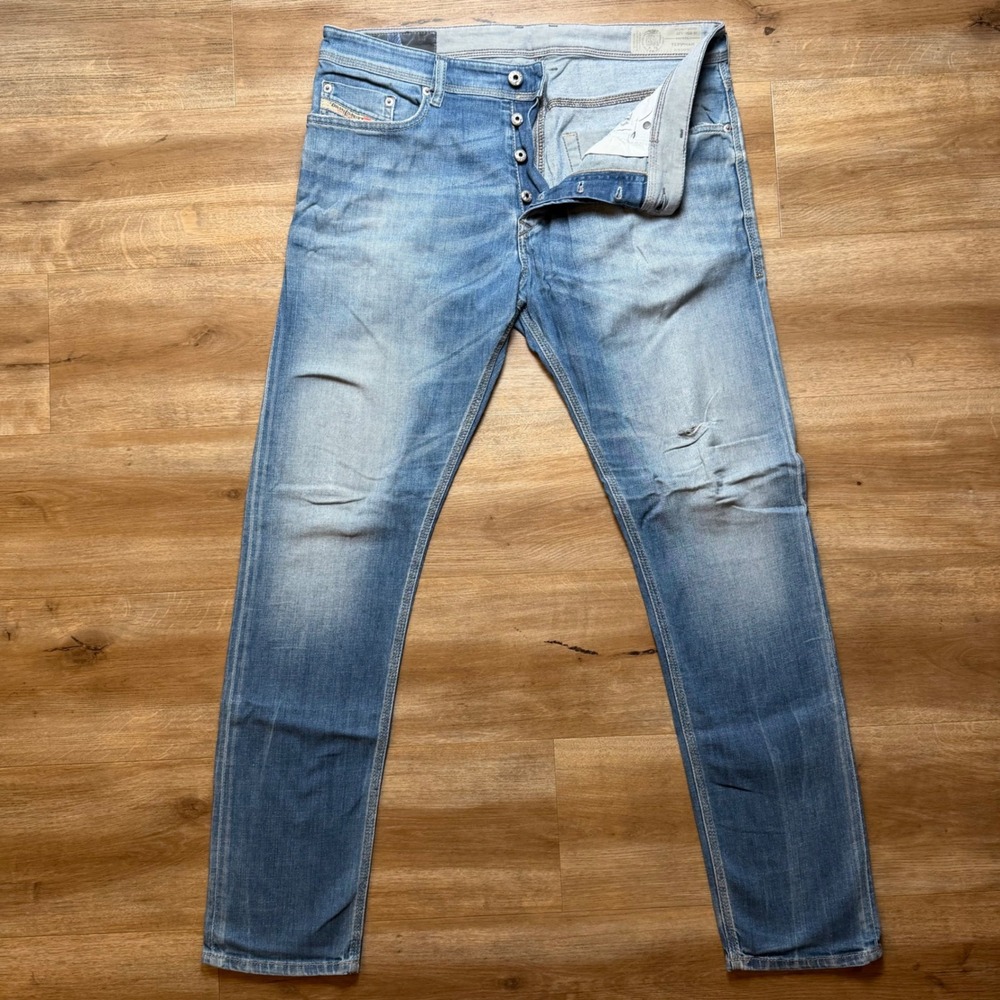 Diesel Tepphar Jeans Mens 34x32 Blue Slim Carrot Light Wash Distressed 0859R